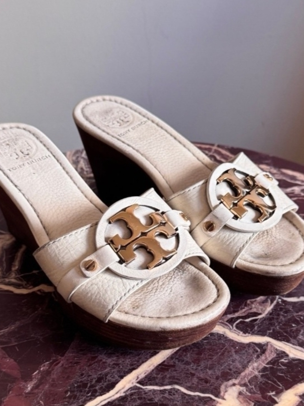 Tory Burch White Leather Logo Platform Slide Sandals